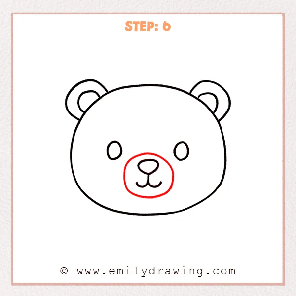 how to draw a bear face - Step 6: A larger muzzle oval is added around the nose and mouth, completing the bear face.